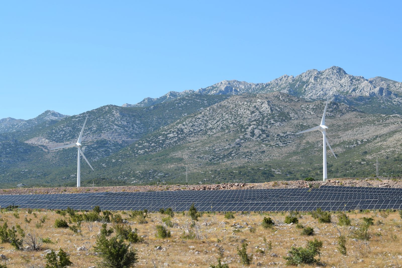Parque eólico y paneles solares en un paisaje amplio bajo cielo despejado