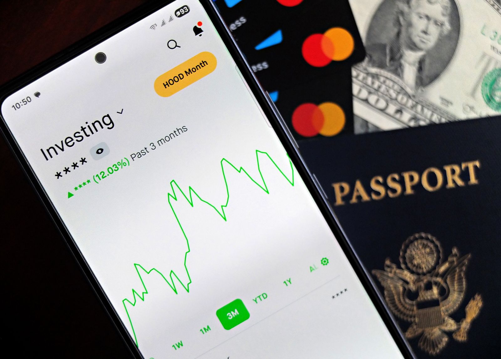 Teléfono inteligente mostrando una aplicación de banca digital con gráficos financieros