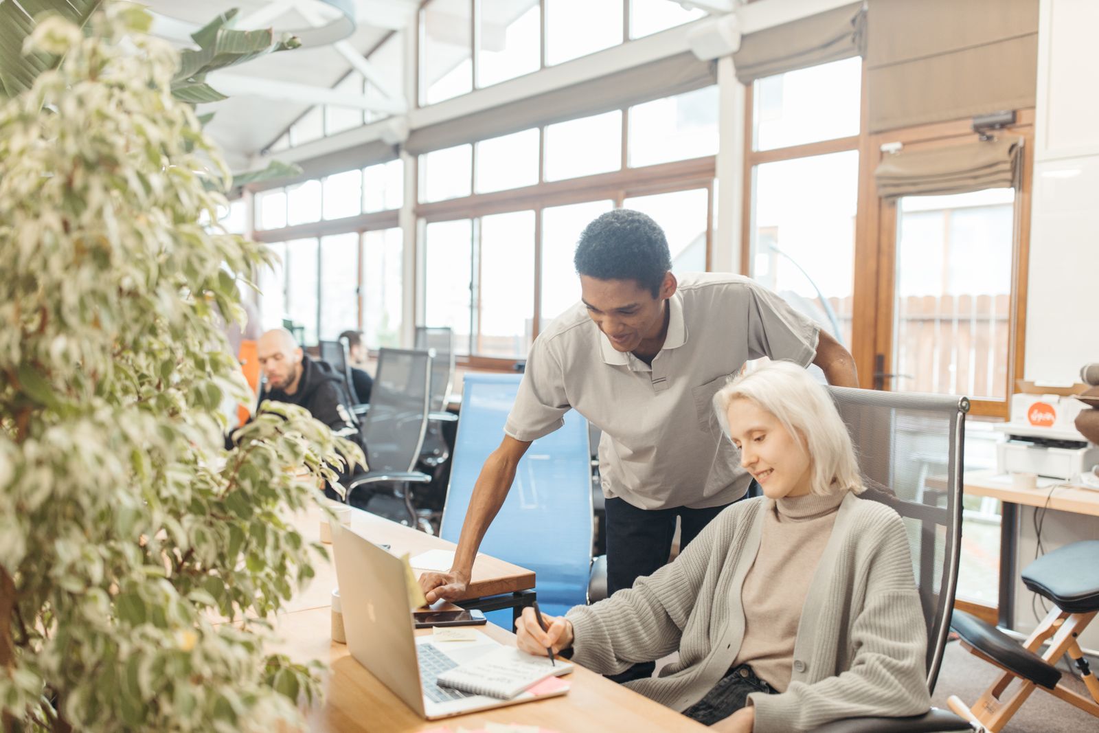 Espacio de trabajo colaborativo con emprendedores reunidos alrededor de computadoras portátiles