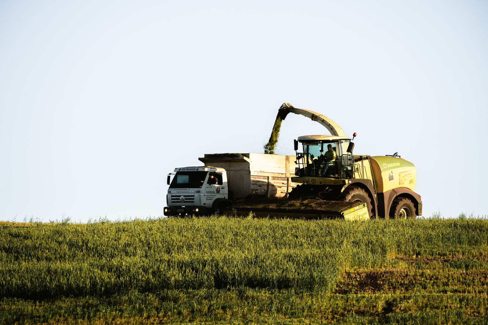 Campos de cultivo con maquinaria agrícola durante la cosecha de granos